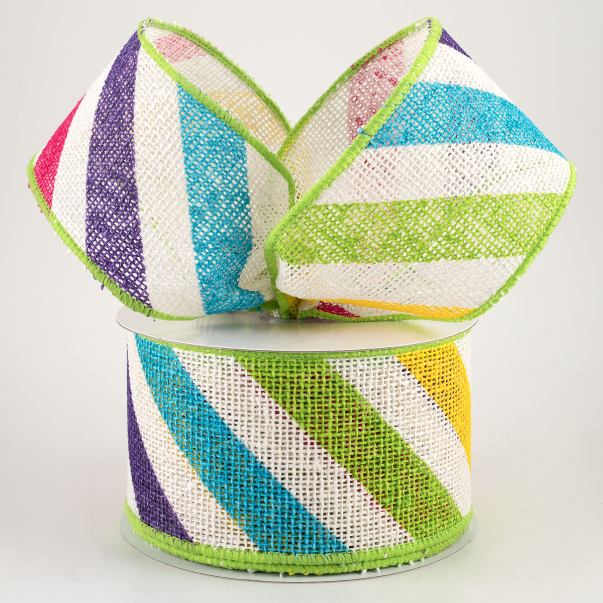 2.5" Large Diagonal Stripe Ribbon: Off White & Multi Brights (10 Yards) Lifestyle Photo