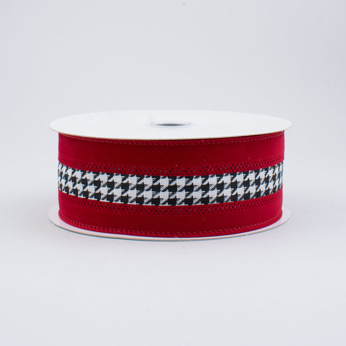 1.5" Large Houndstooth Velvet Ribbon: White, Black, Crimson (10 Yards)