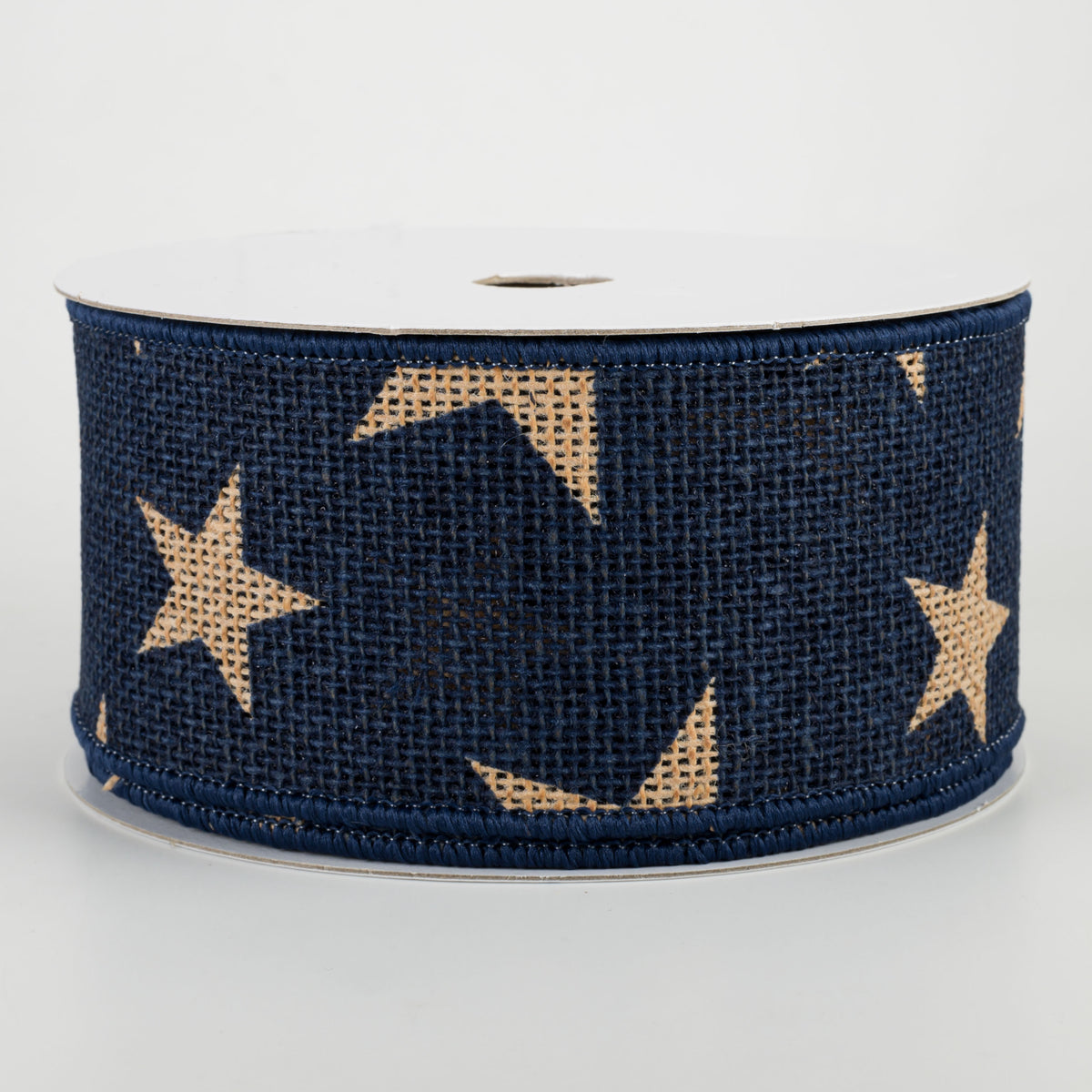 2.5" Large Stars Faux Burlap Ribbon: Navy & Beige (10 Yards)