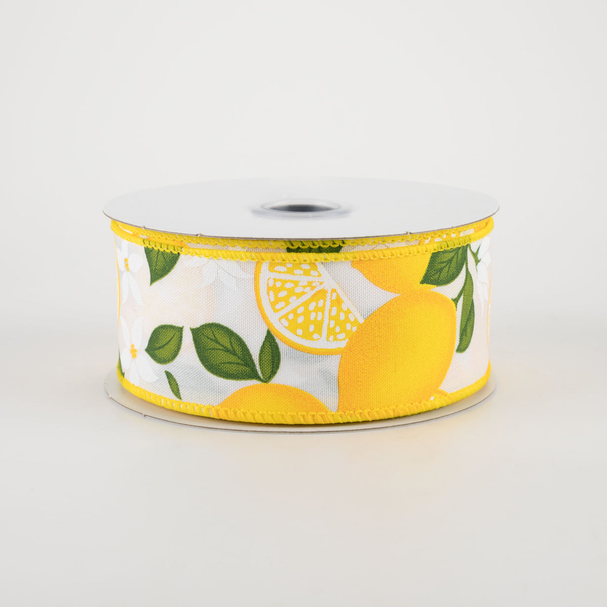 1.5" Lemon With Leaves Flower Ribbon: White (10 Yards)