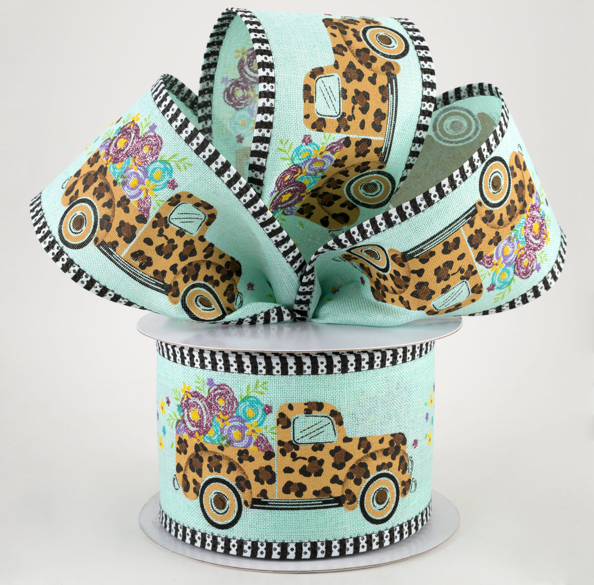 2.75" Leopard Flower Truck Stripe Edge Ribbon: Mint (10 Yards) Lifestyle Photo
