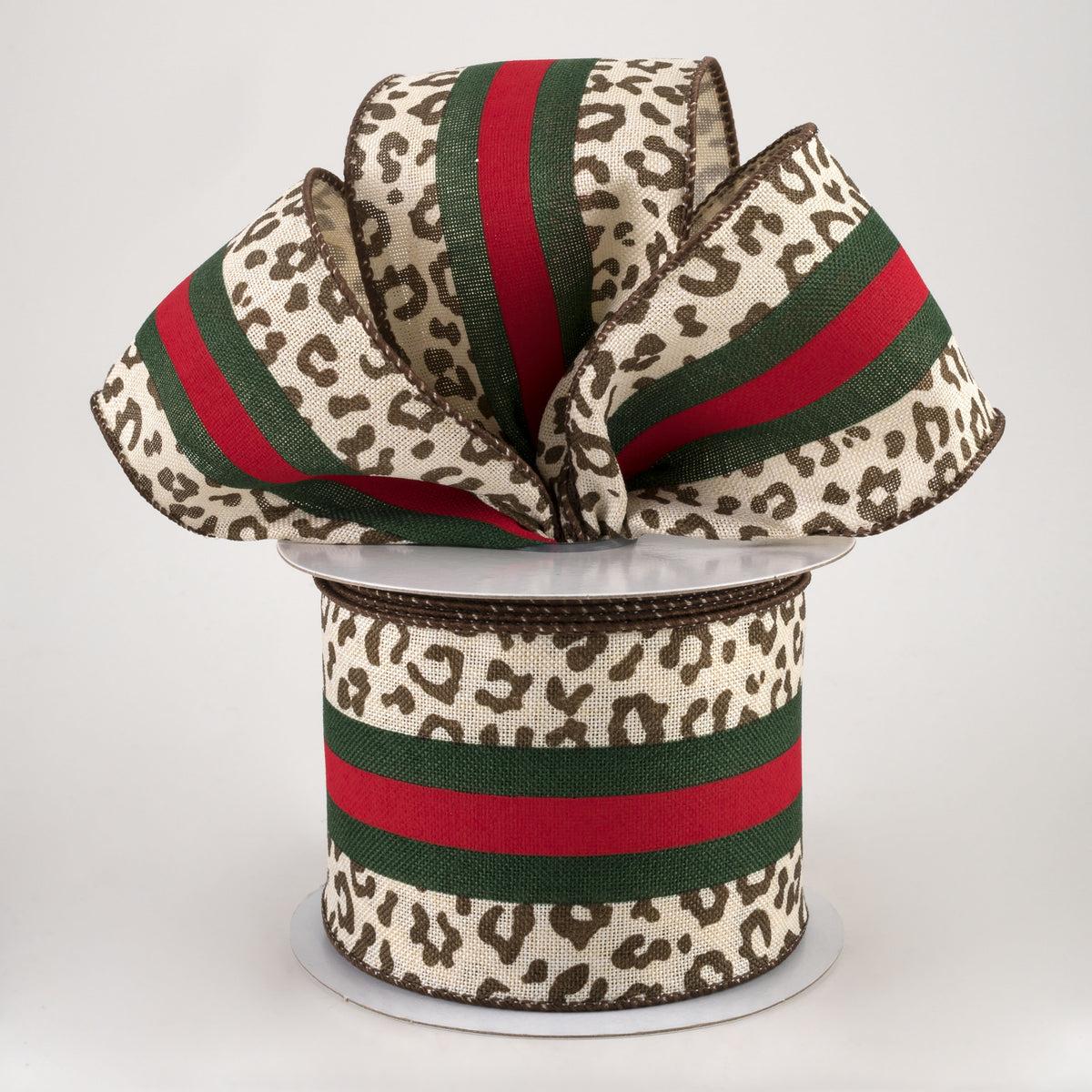 2.5" Leopard Print Center Stripes Ribbon: Red & Emerald (10 Yards) Lifestyle Photo