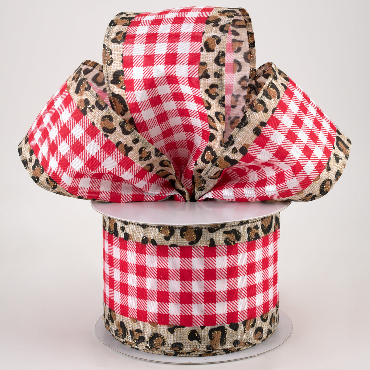 2.5" Leopard Print Edge Ribbon: Red & White Buffalo Plaid (10 Yards) Lifestyle Photo