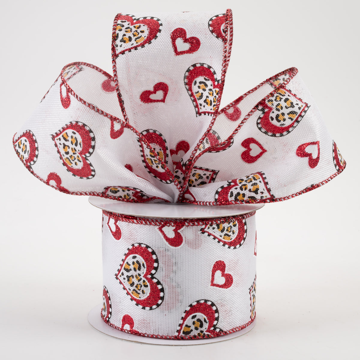 2.5" Leopard & Red Hearts White Linen Ribbon (10 Yards) Lifestyle Photo