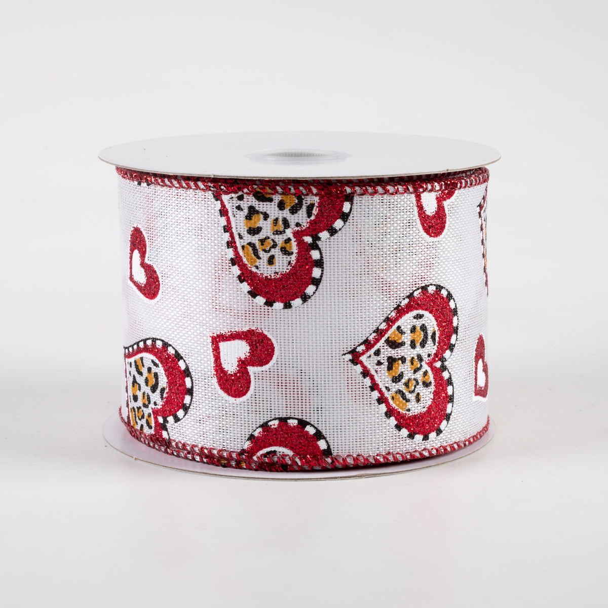 2.5" Leopard & Red Hearts White Linen Ribbon (10 Yards) Item Number: 11307-40-15