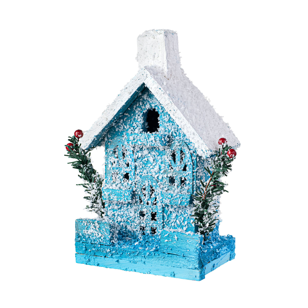 9" Light-Up Snowy Wooden House: Blue Item Number: 84427BLWT