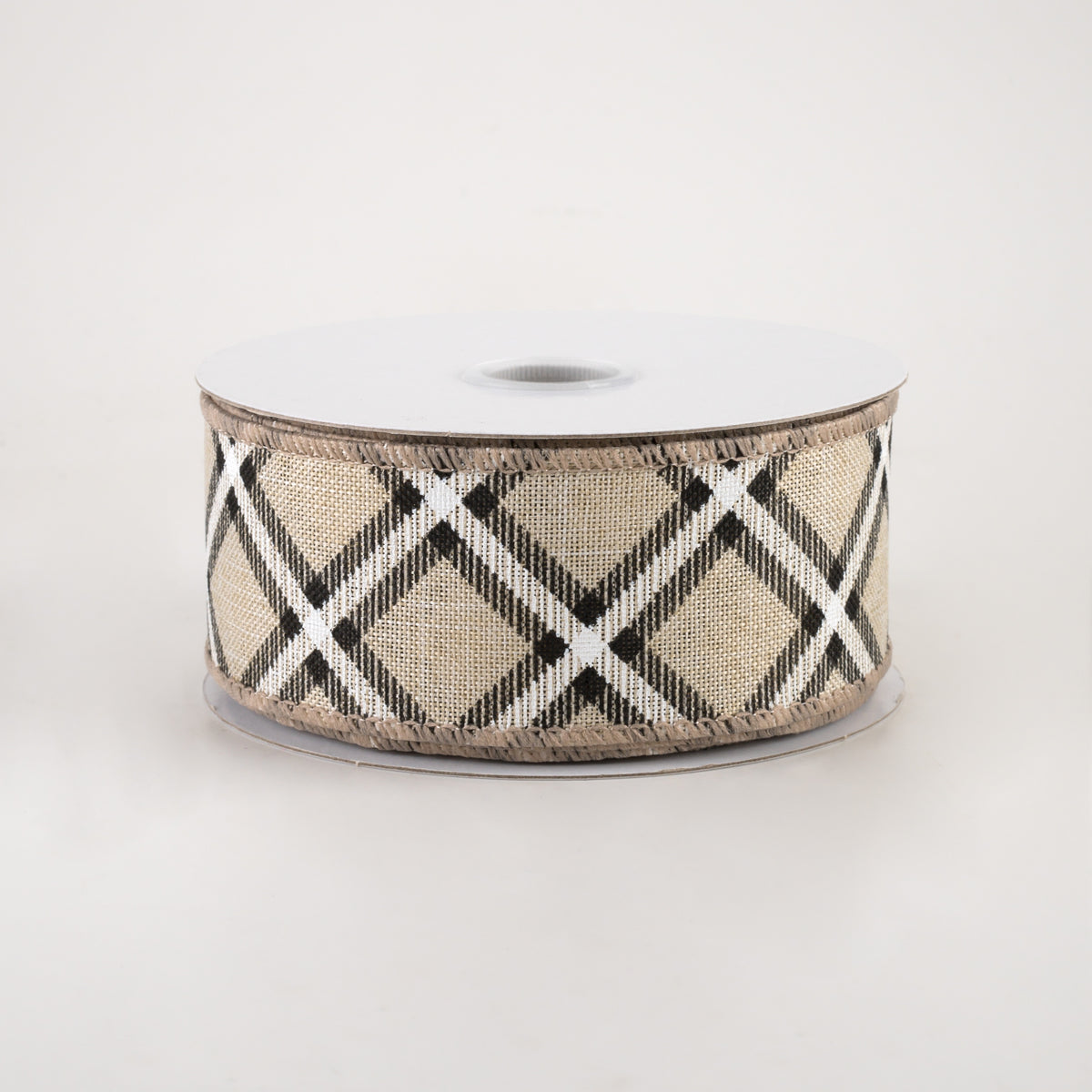 1.5" Linen Asher Plaid Ribbon: Light Natural, Black & White (10 Yards)