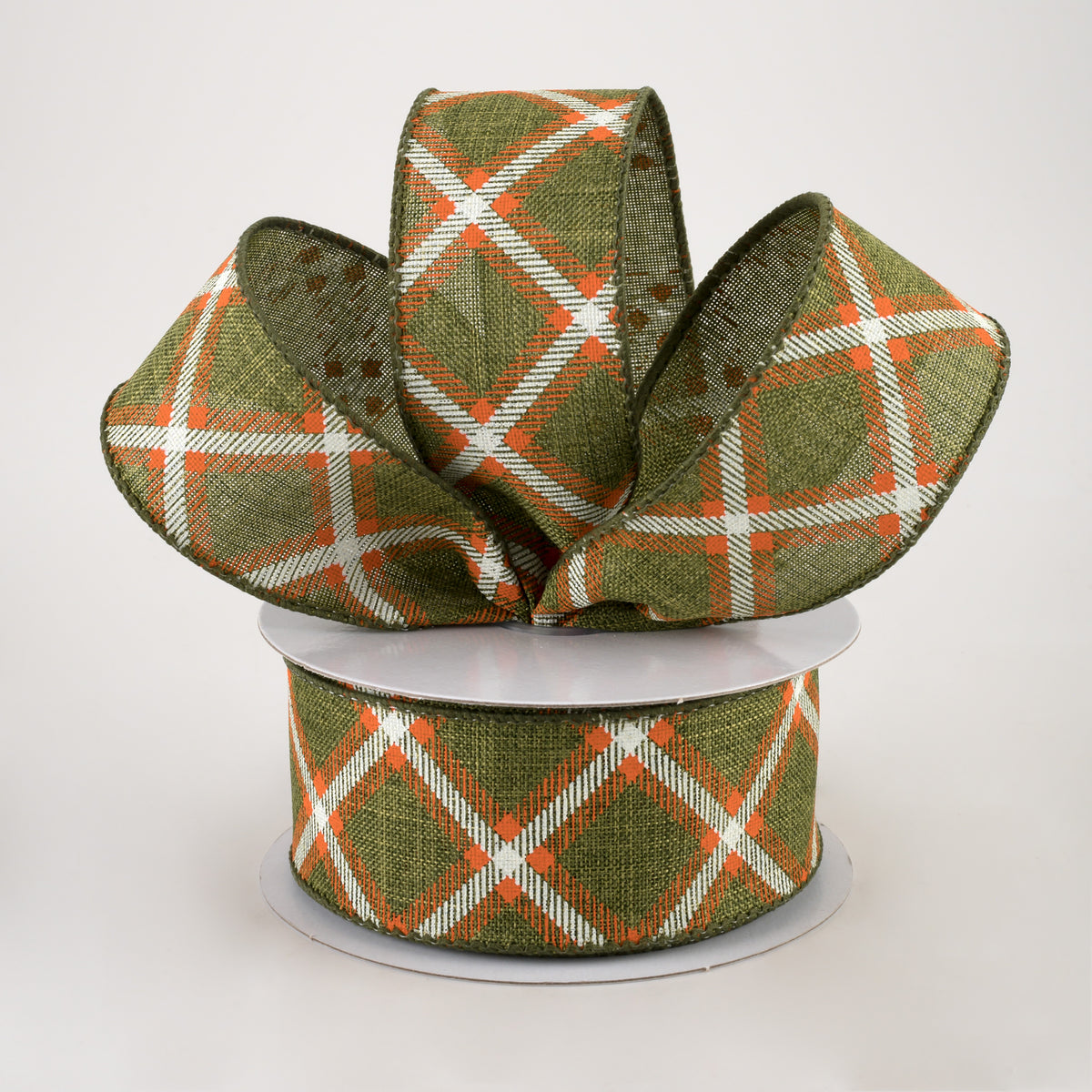 1.5" Linen Asher Plaid Ribbon: Moss, Orange & White (10 Yards) Lifestyle Photo