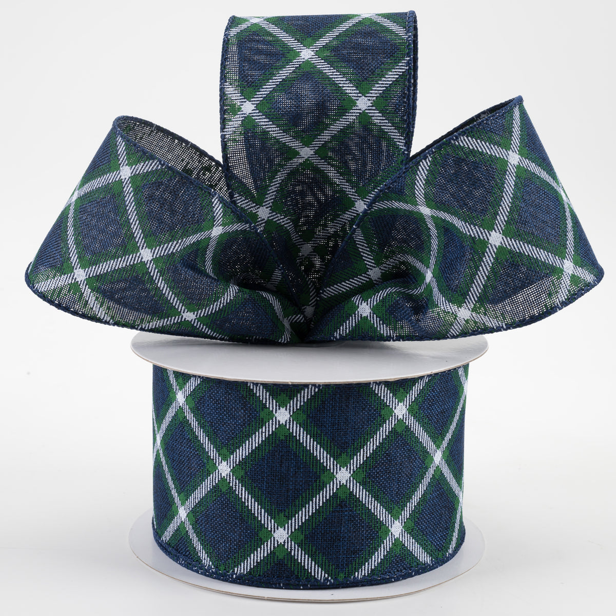 2.5" Linen Asher Plaid Ribbon: Navy, White, Green (10 Yards) Lifestyle Photo