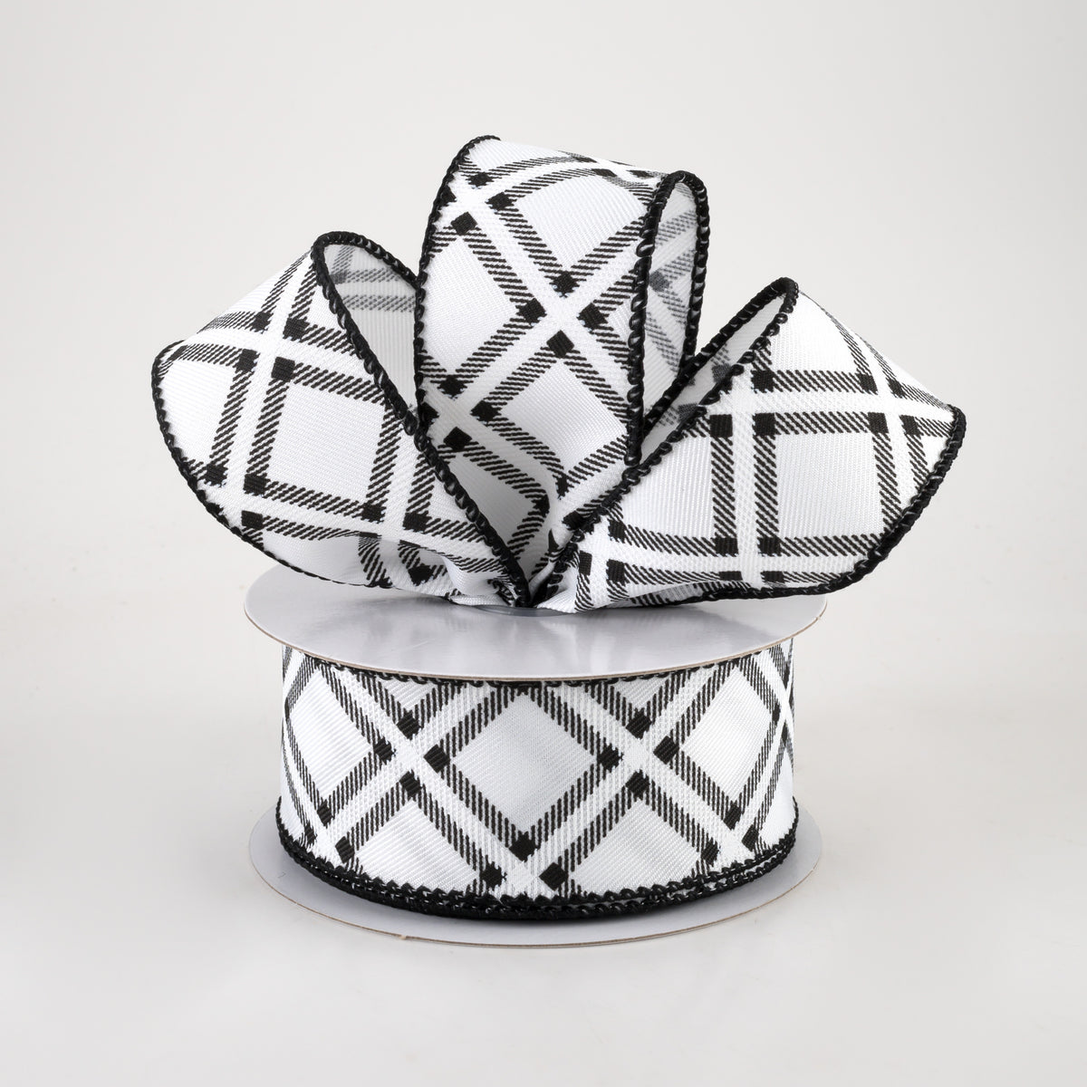 1.5" Linen Asher Plaid Ribbon: White & Black (10 Yards) Lifestyle Photo