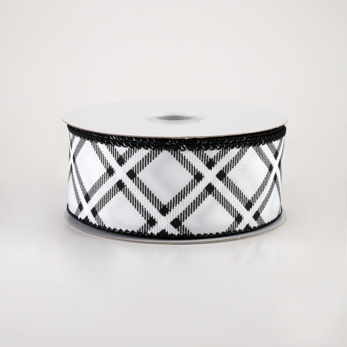 1.5" Linen Asher Plaid Ribbon: White & Black (10 Yards)