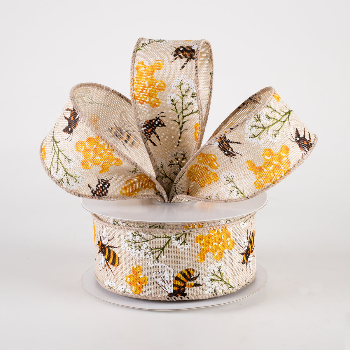 1.5" Linen Bees, Honeycomb, Baby's Breath Ribbon: Natural (10 Yards) Lifestyle Photo