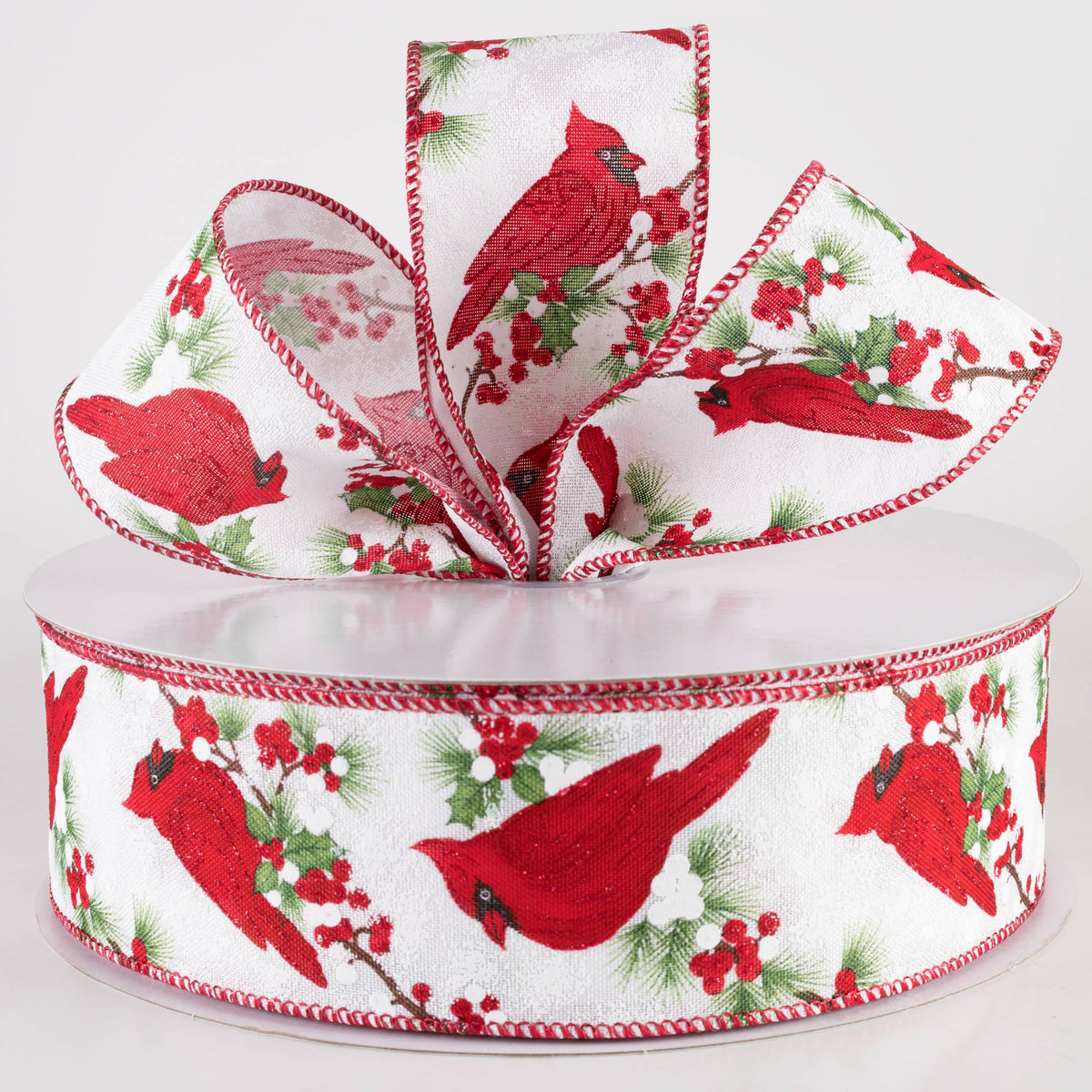 2.5" Linen Big Cardinal on Holly Ribbon: White (50 Yards) Lifestyle Photo