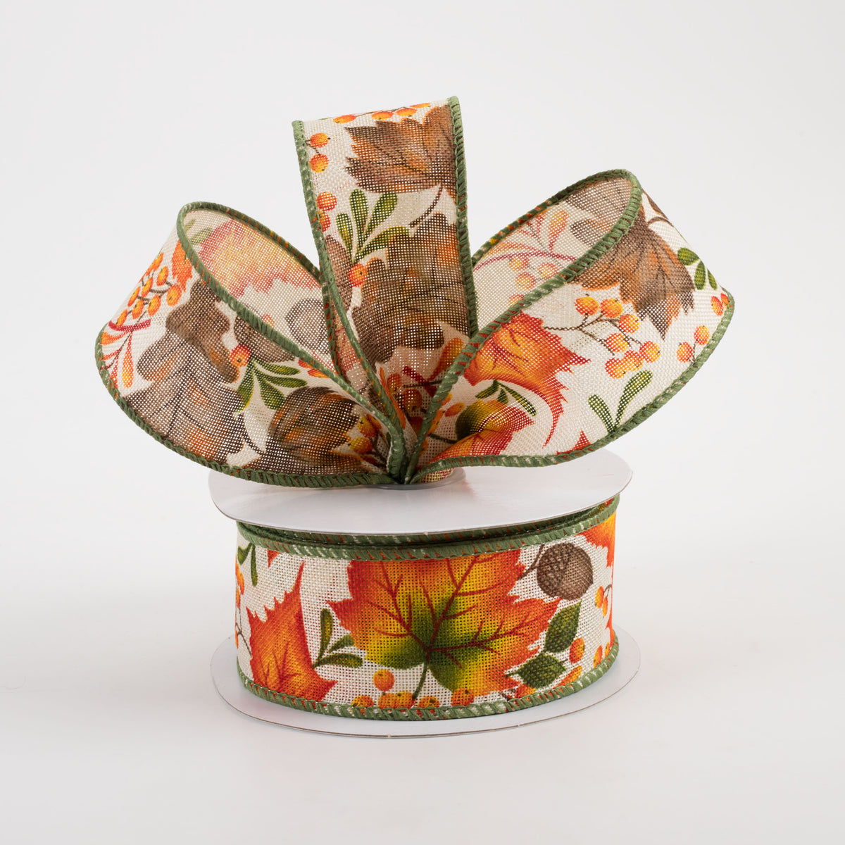 1.5" Linen Brown Fall Leaves Ribbon: Ivory (10 Yards) Lifestyle Photo