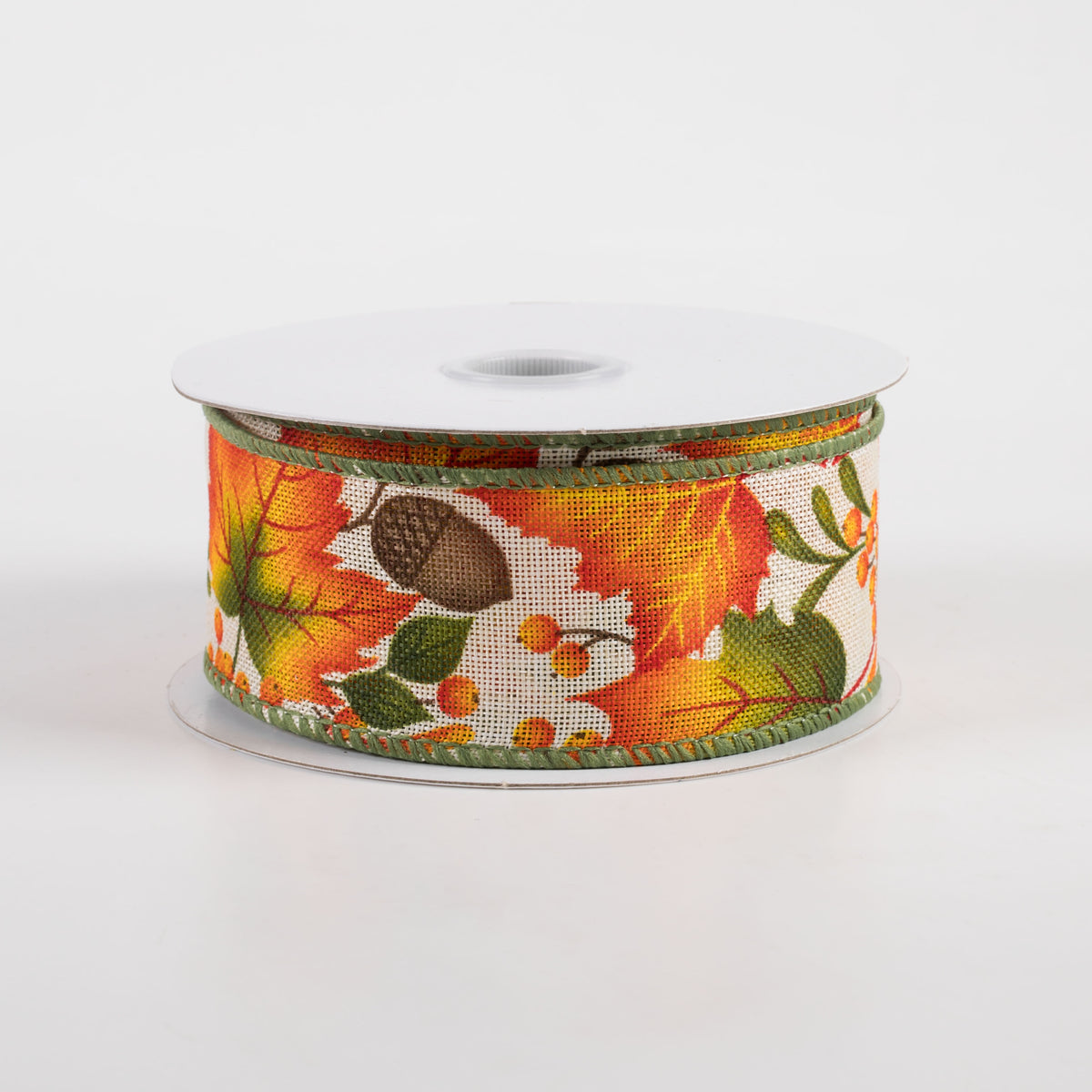 1.5" Linen Brown Fall Leaves Ribbon: Ivory (10 Yards)