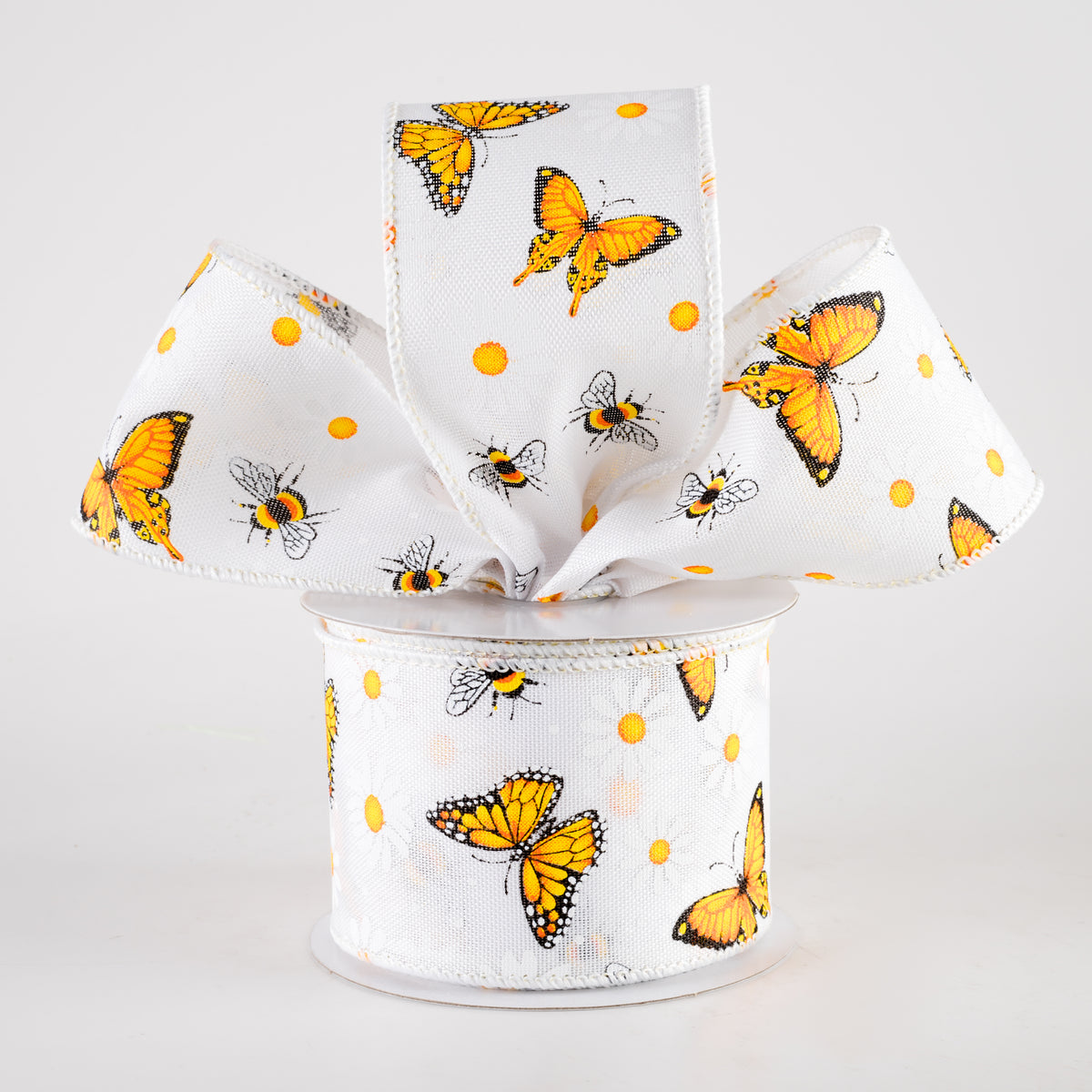 2.5" Linen Butterflies, Bees and Daisies Ribbon: White (10 Yards) Lifestyle Photo