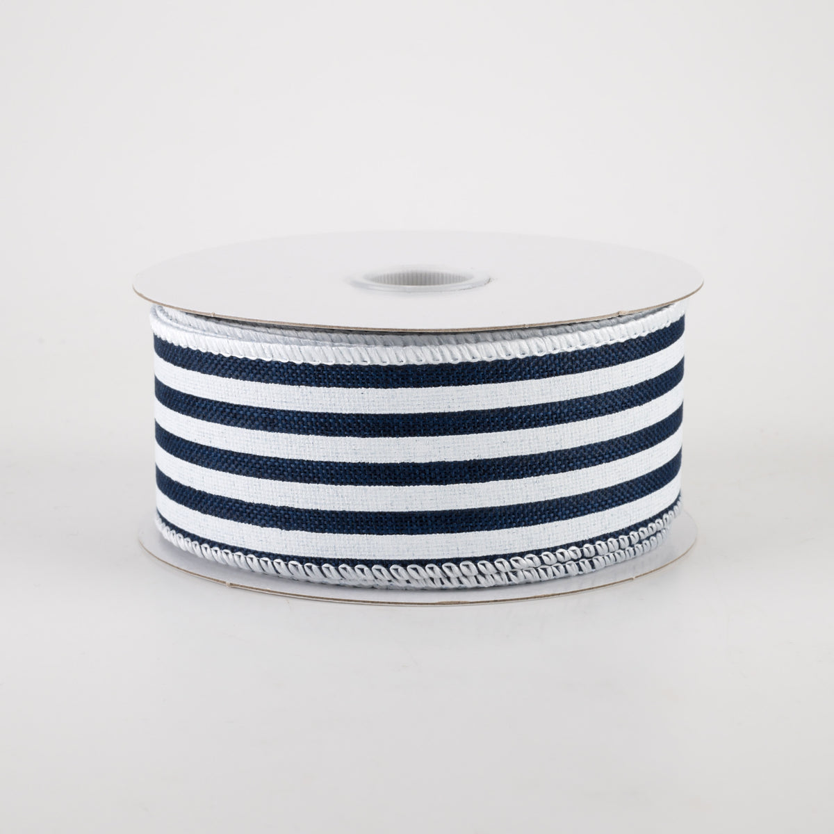 1.5" Linen Cabana Stripes Ribbon: Navy & White (10 Yards)