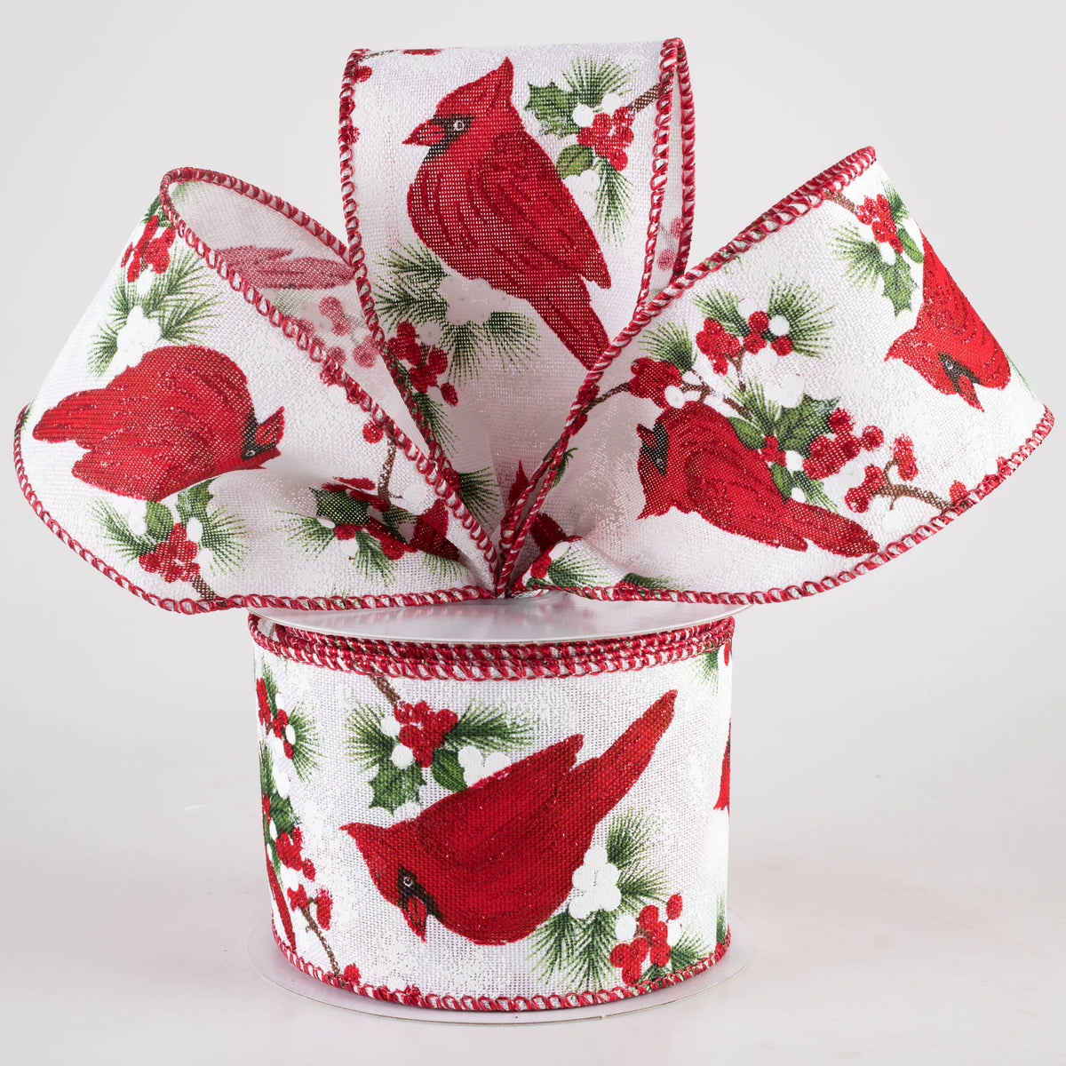 2.5" Linen Cardinal Pine & Berries Ribbon: White (10 Yards) Lifestyle Photo