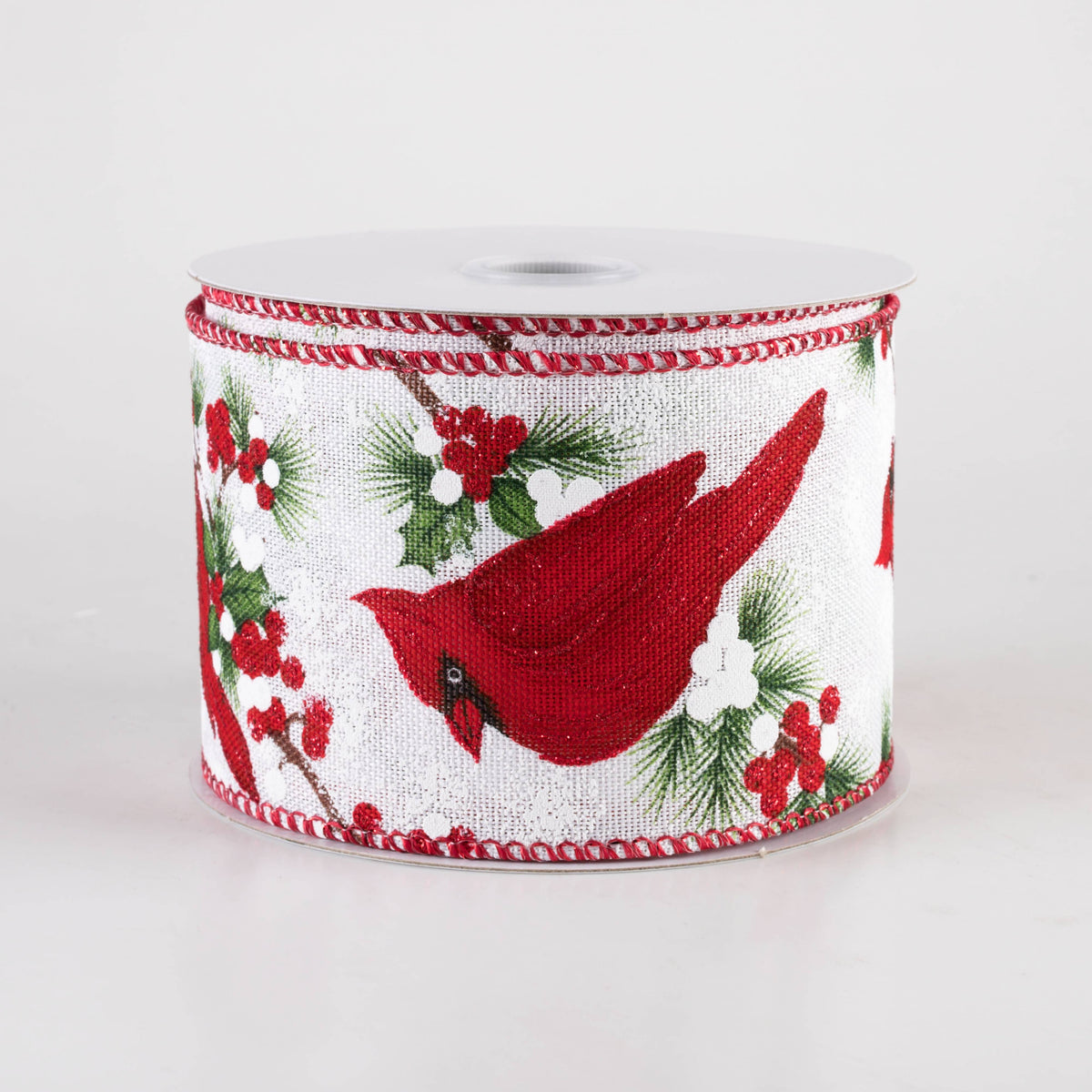 2.5" Linen Cardinal Pine & Berries Ribbon: White (10 Yards) Item Number: 71437-40-01