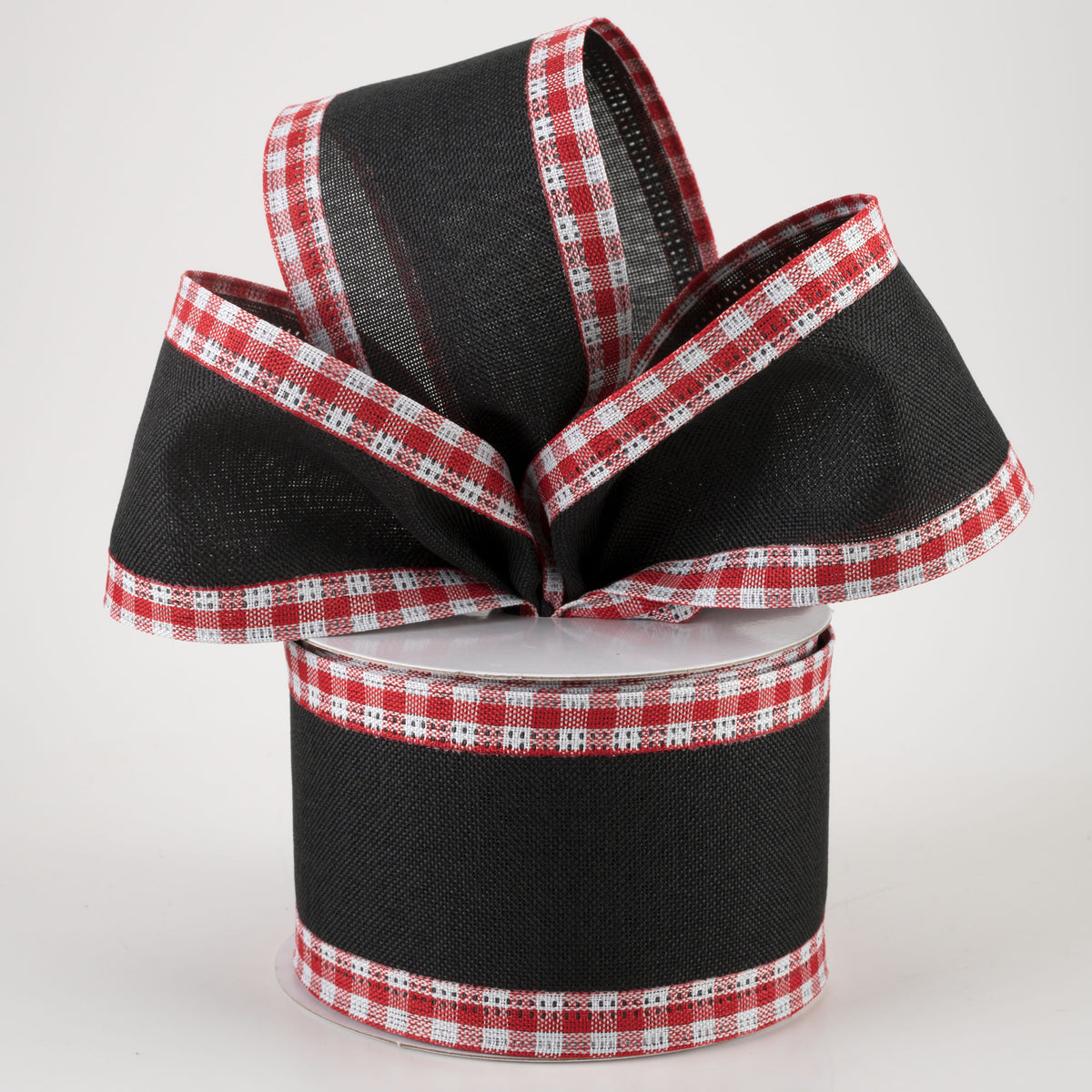 2.5" Linen Center & Gingham Edge Ribbon: Black on Red & White (10 Yards) Lifestyle Photo