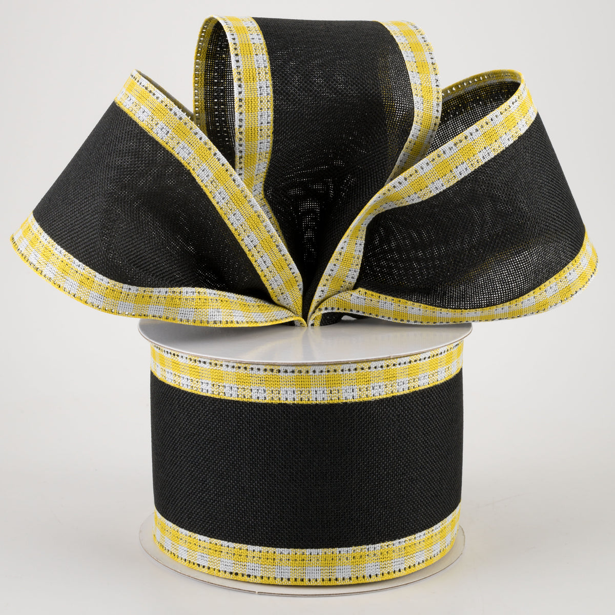 2.5" Linen Center & Gingham Edge Ribbon: Black on Yellow & White (10 Yards) Lifestyle Photo