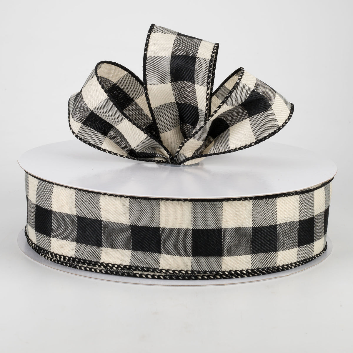 1.5" Linen Check Buffalo Plaid Ribbon: Black & Ivory (50 Yards) Lifestyle Photo