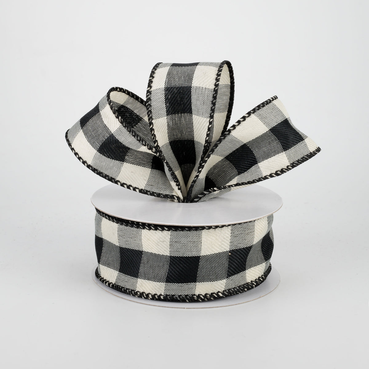 1.5" Linen Check Buffalo Plaid Ribbon: Black & Ivory (10 Yards) Lifestyle Photo