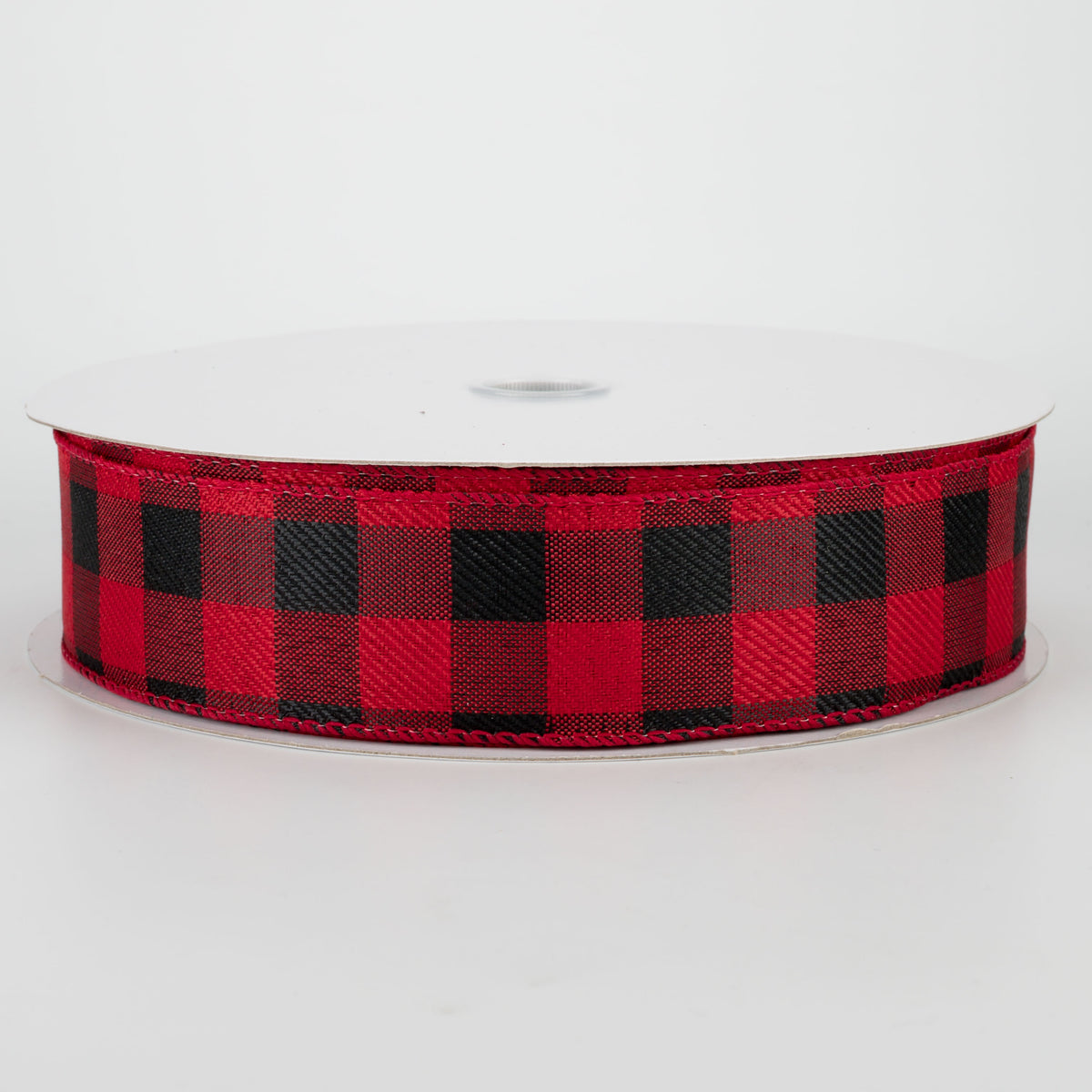 1.5" Linen Check Buffalo Plaid Ribbon: Black & Red (50 Yards)