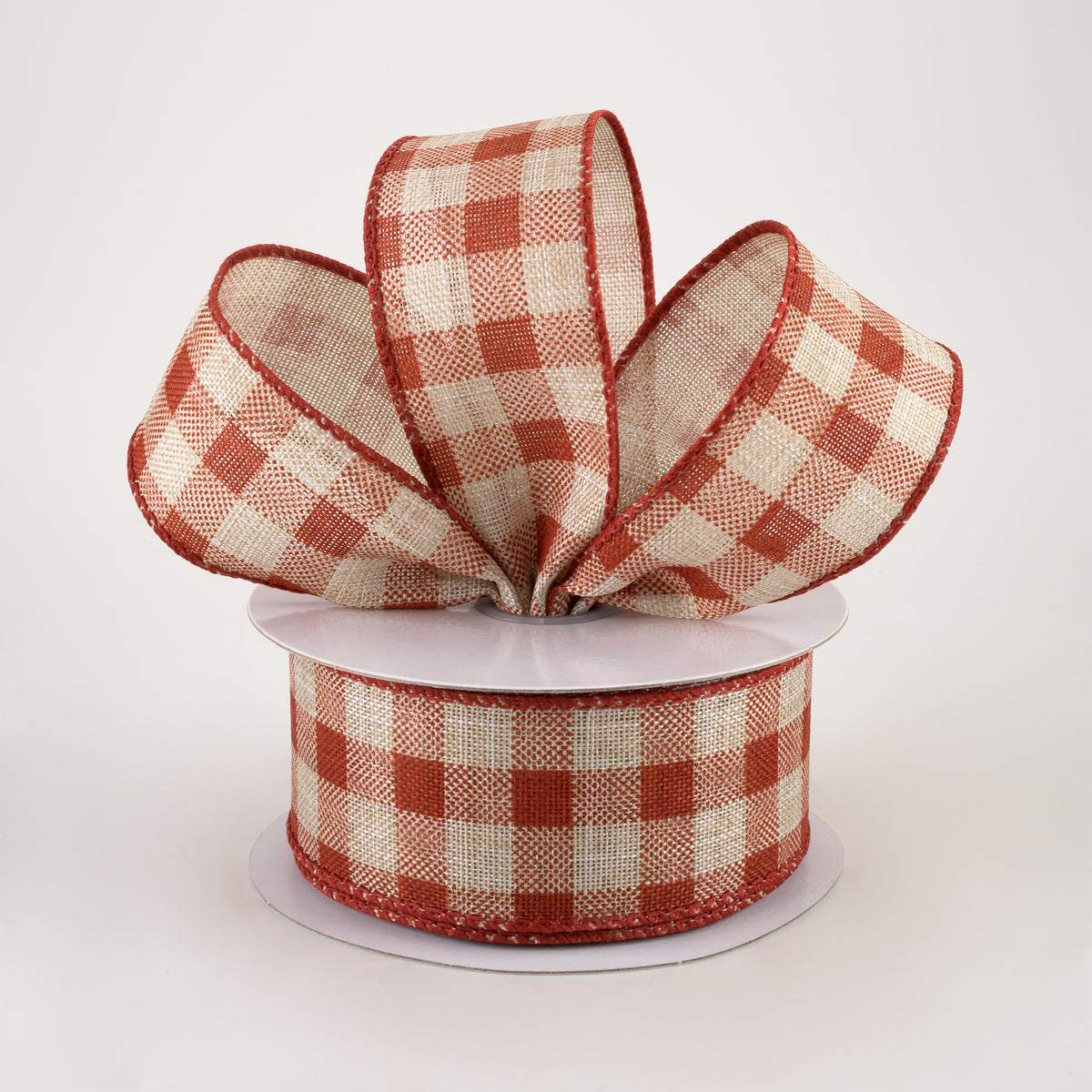 1.5" Linen Check Plaid Ribbon: Rust on Natural (10 Yards) Lifestyle Photo