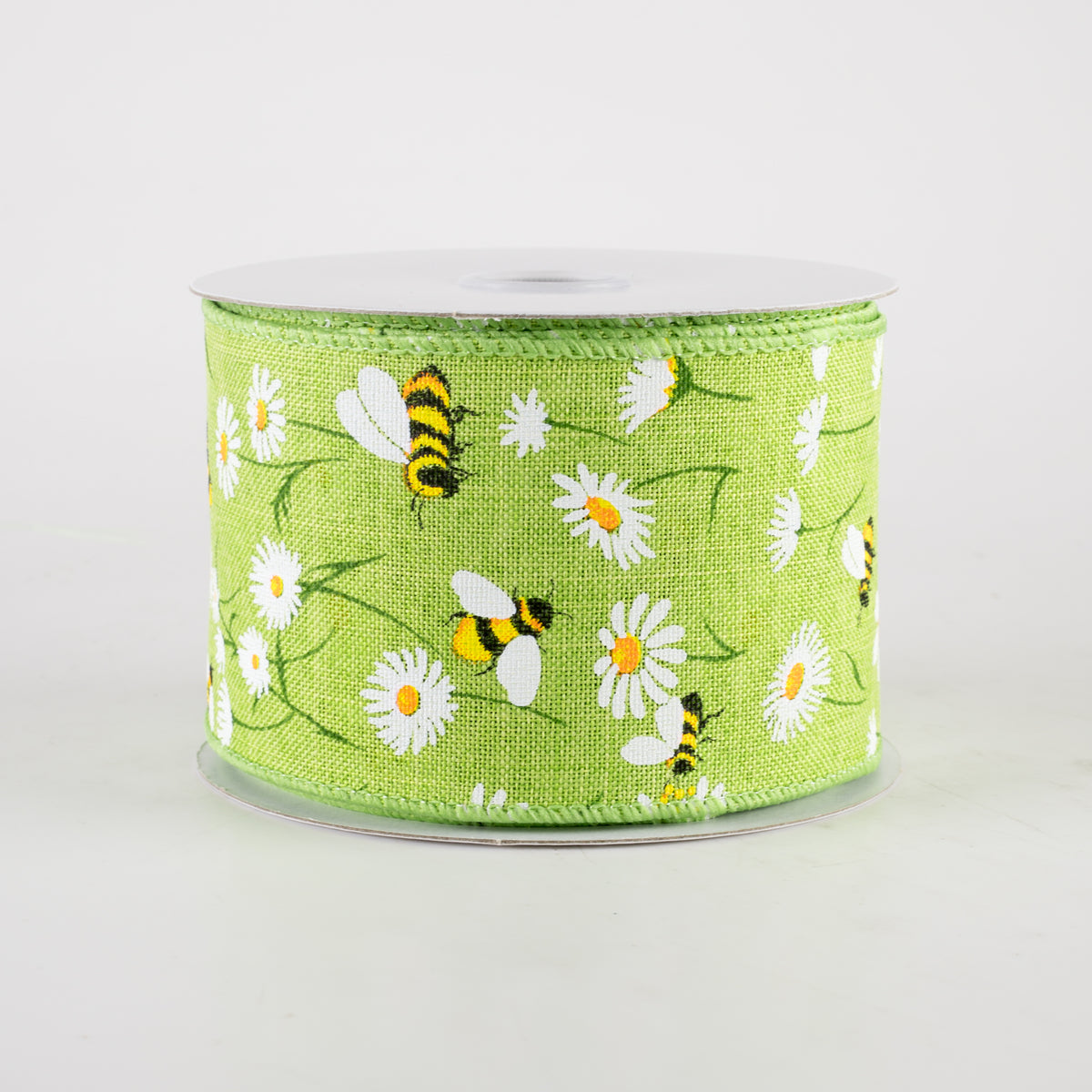 2.5" Linen Daisies & Bumblebees Ribbon: Lime Green (10 Yards) Item Number: 42416-40-29