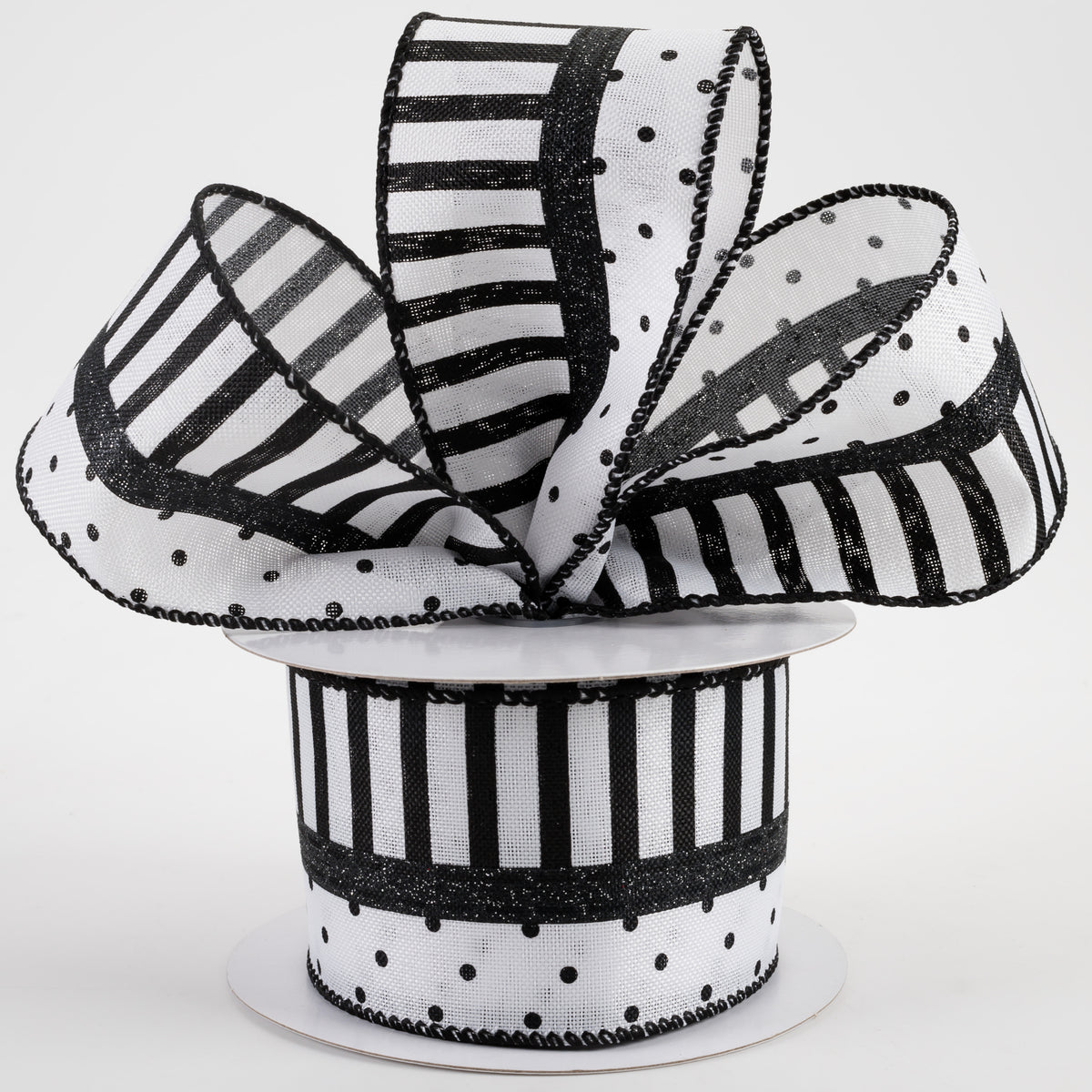 2.5" Linen Dots & Stripes Ribbon: White & Black (10 Yards) Lifestyle Photo