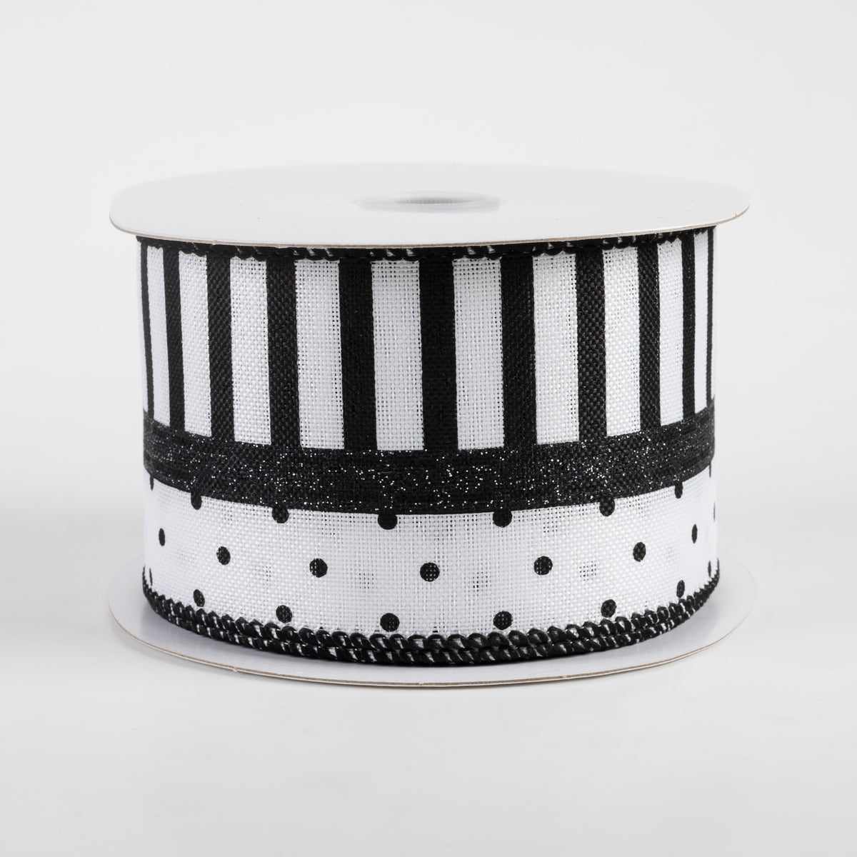 2.5" Linen Dots & Stripes Ribbon: White & Black (10 Yards) Item Number: 51301-40-01