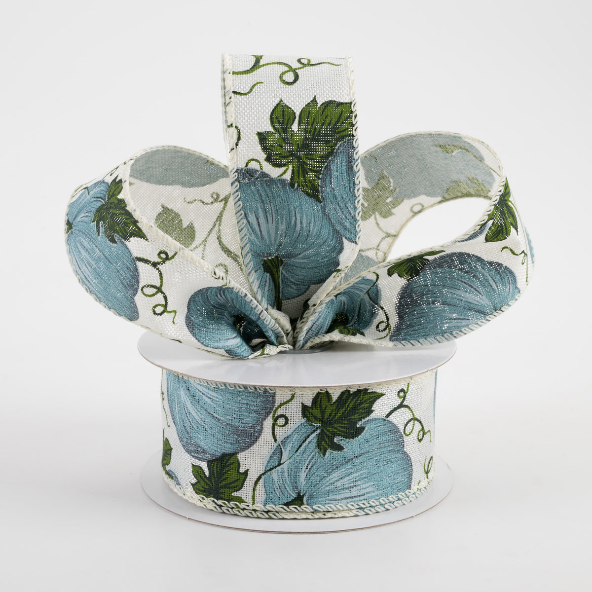 1.5" Linen Dusty Blue Pumpkin Ribbon: White (10 Yards) Lifestyle Photo