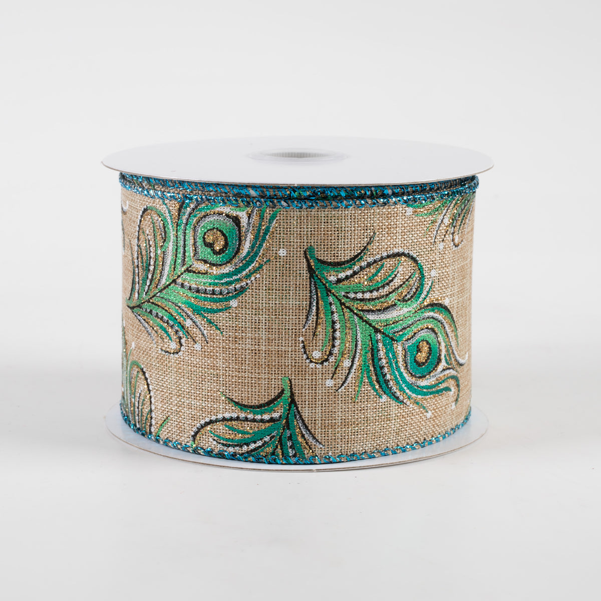 2.5" Linen Embossed Peacock Feathers Ribbon: Natural (10 Yards)
