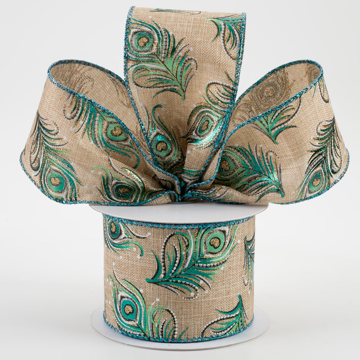 2.5" Linen Embossed Peacock Feathers Ribbon: Natural (10 Yards) Lifestyle Photo