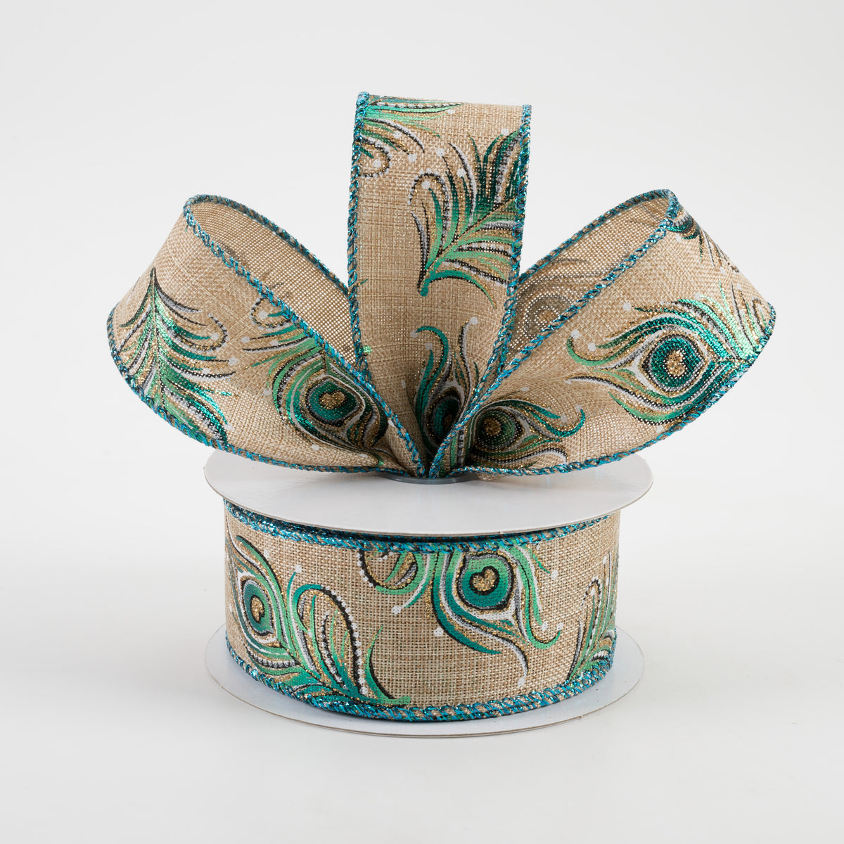 1.5" Linen Embossed Peacock Feathers Ribbon: Natural (10 Yards) Lifestyle Photo