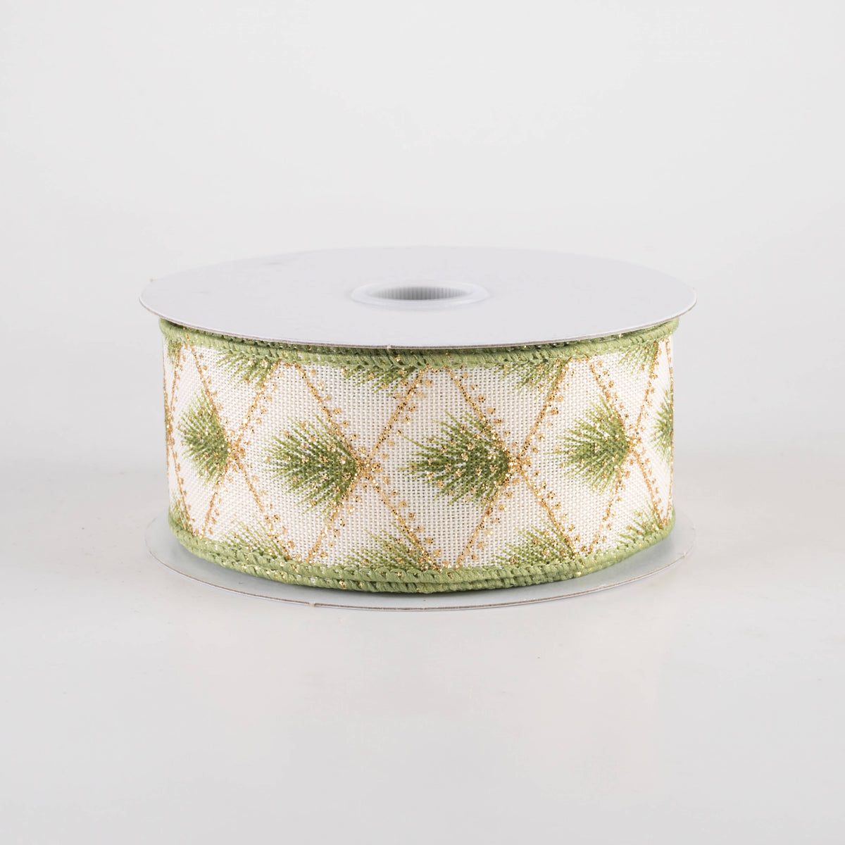 1.5" Linen Evergreen Pine in Gold Diamonds Ribbon: Ivory (10 Yards) Item Number: 71474-09-08