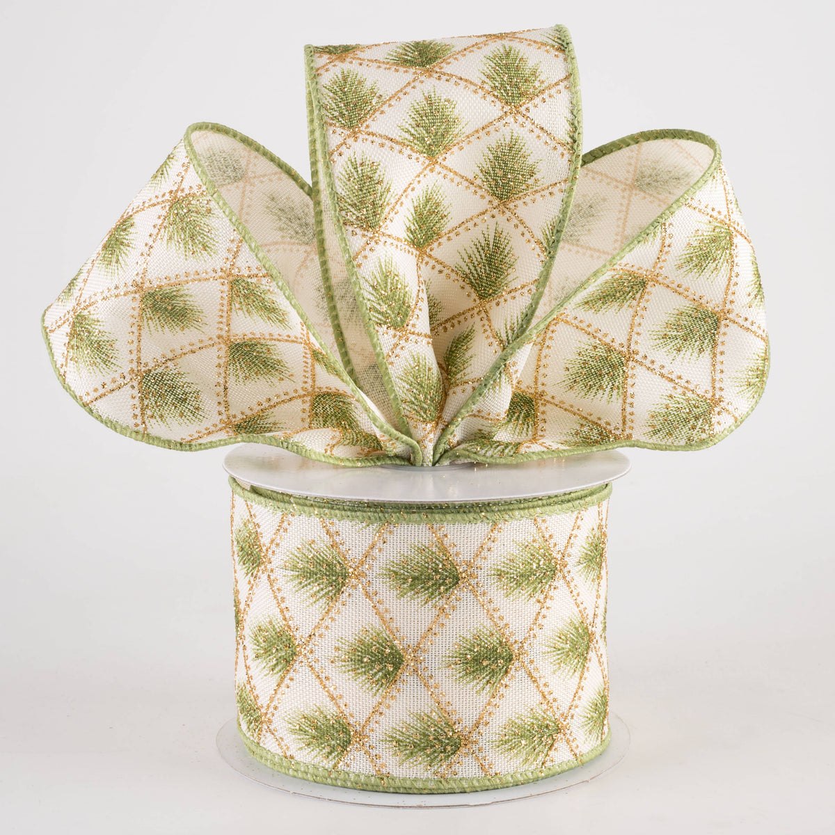 2.5" Linen Evergreen Pine in Gold Diamonds Ribbon: Ivory (10 Yards) Lifestyle Photo