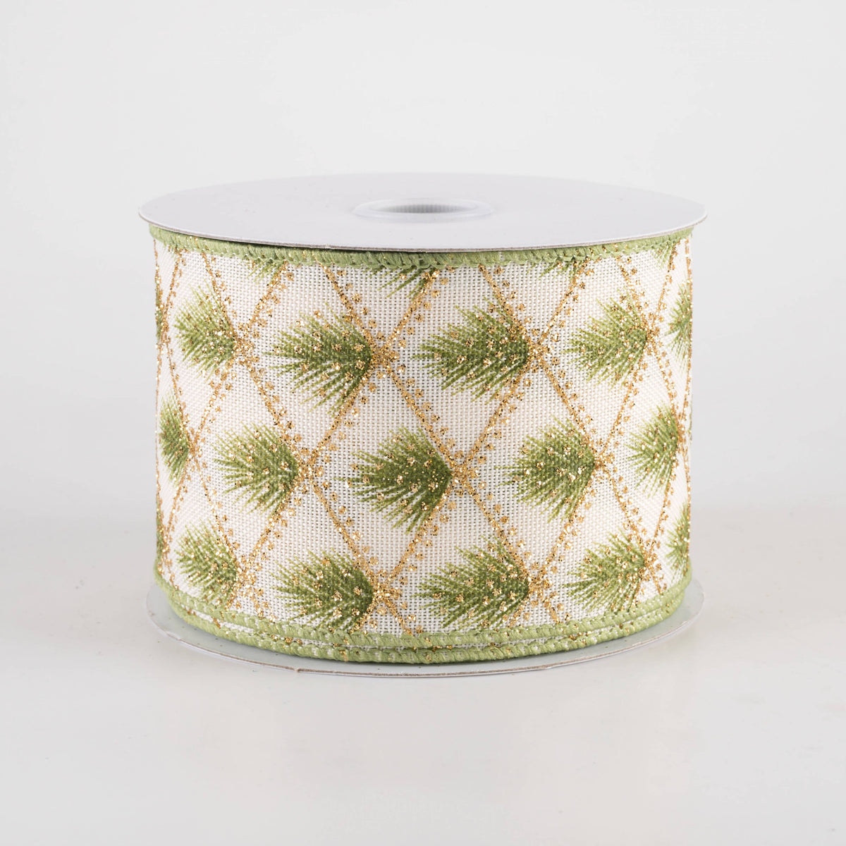 2.5" Linen Evergreen Pine in Gold Diamonds Ribbon: Ivory (10 Yards) Item Number: 71474-40-08