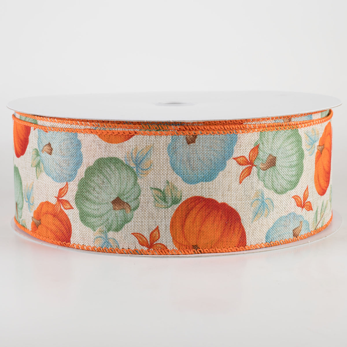 2.5" Linen Fall Pumpkins Ribbon: Orange & Teal on Natural (50 Yards) Item Number: 861-40-402