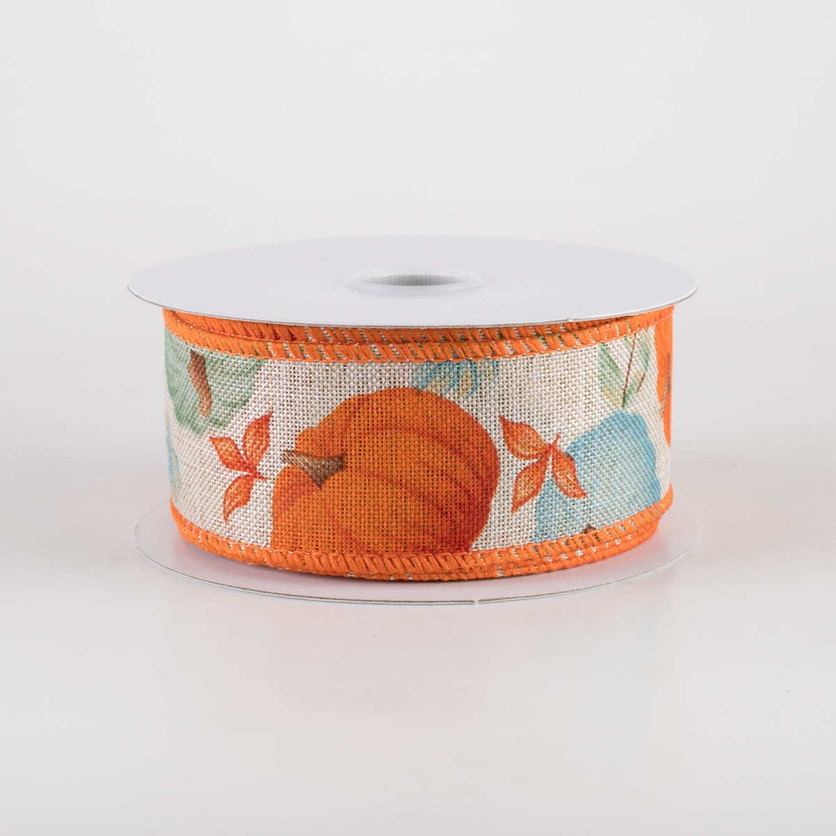 1.5" Linen Fall Pumpkins Ribbon: Orange & Teal on Natural (10 Yards) Item Number: 61414-09-15