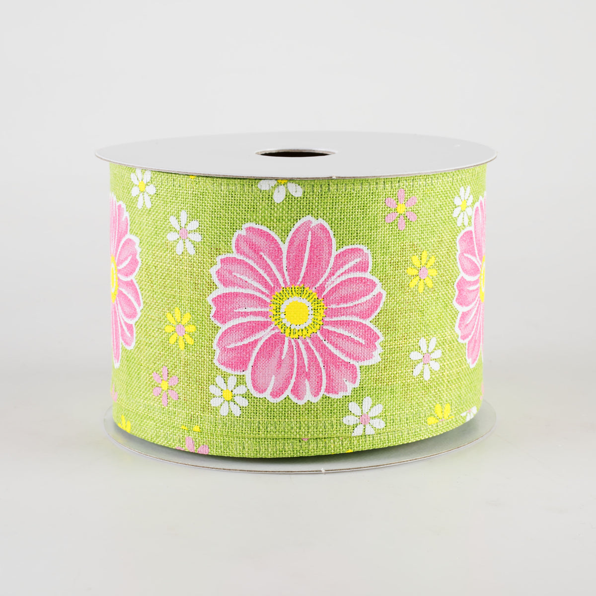 2.5" Linen Giant Daisies Ribbon: Lime Green (10 Yards)