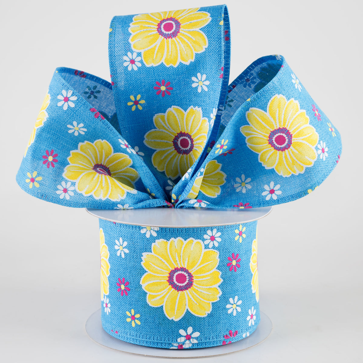 2.5" Linen Giant Daisies Ribbon: Turquoise Blue (10 Yards) Lifestyle Photo