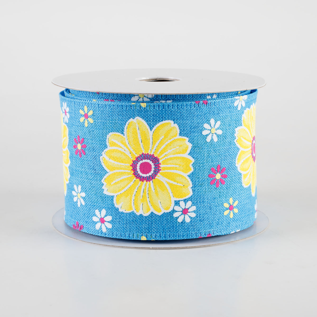 2.5" Linen Giant Daisies Ribbon: Turquoise Blue (10 Yards) Item Number: 46412-40-39