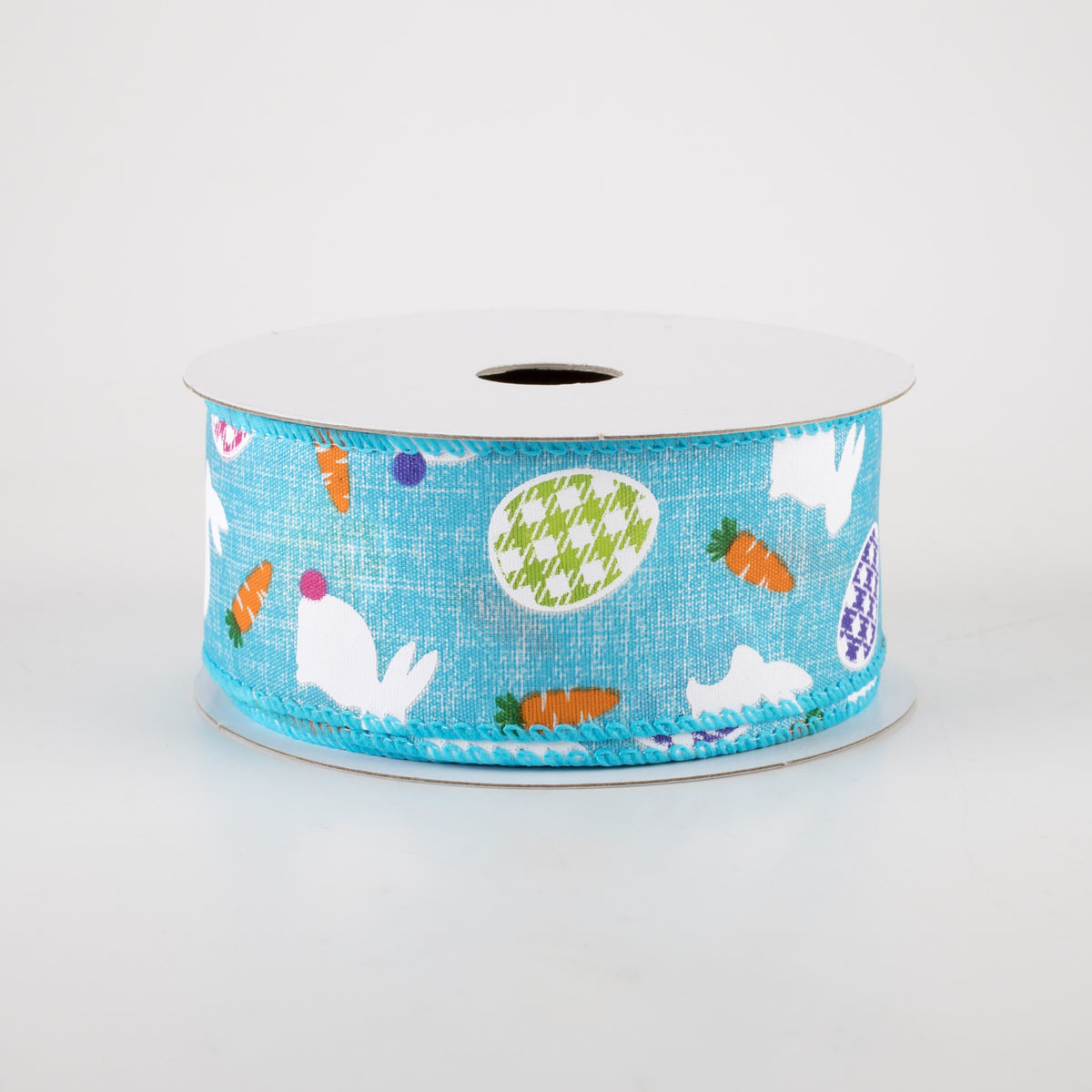 1.5" Linen Gingham Eggs and Bunnies Ribbon: Aqua Blue (10 Yards)