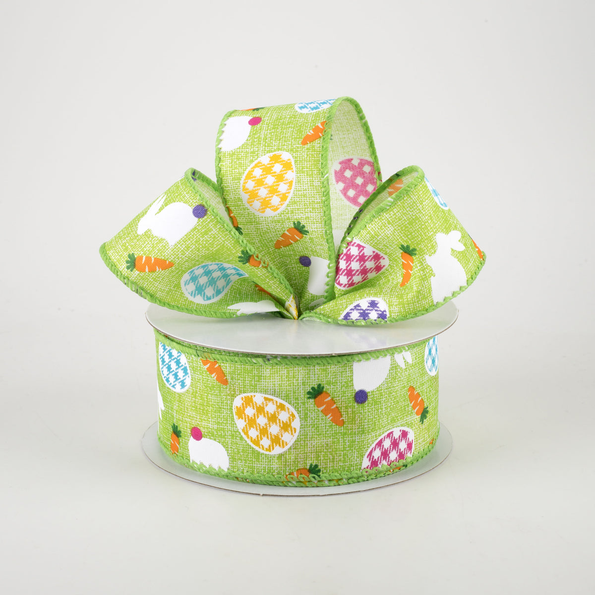 1.5" Linen Gingham Eggs and Bunnies Ribbon: Lime (10 Yards) Lifestyle Photo