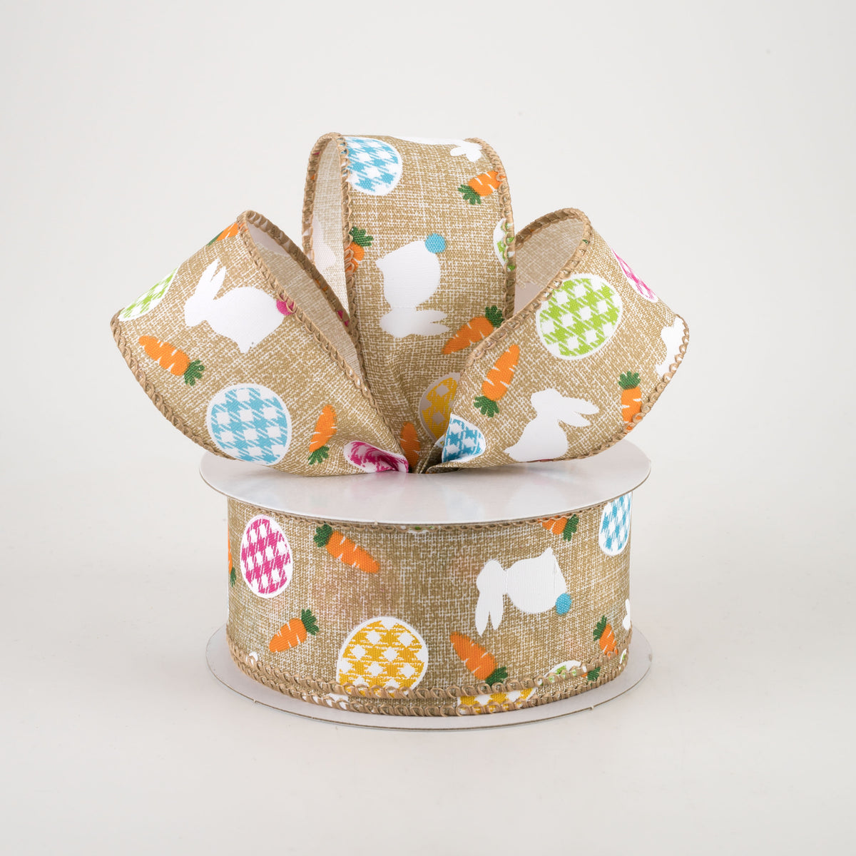 1.5" Linen Gingham Eggs and Bunnies Ribbon: Natural (10 Yards) Lifestyle Photo