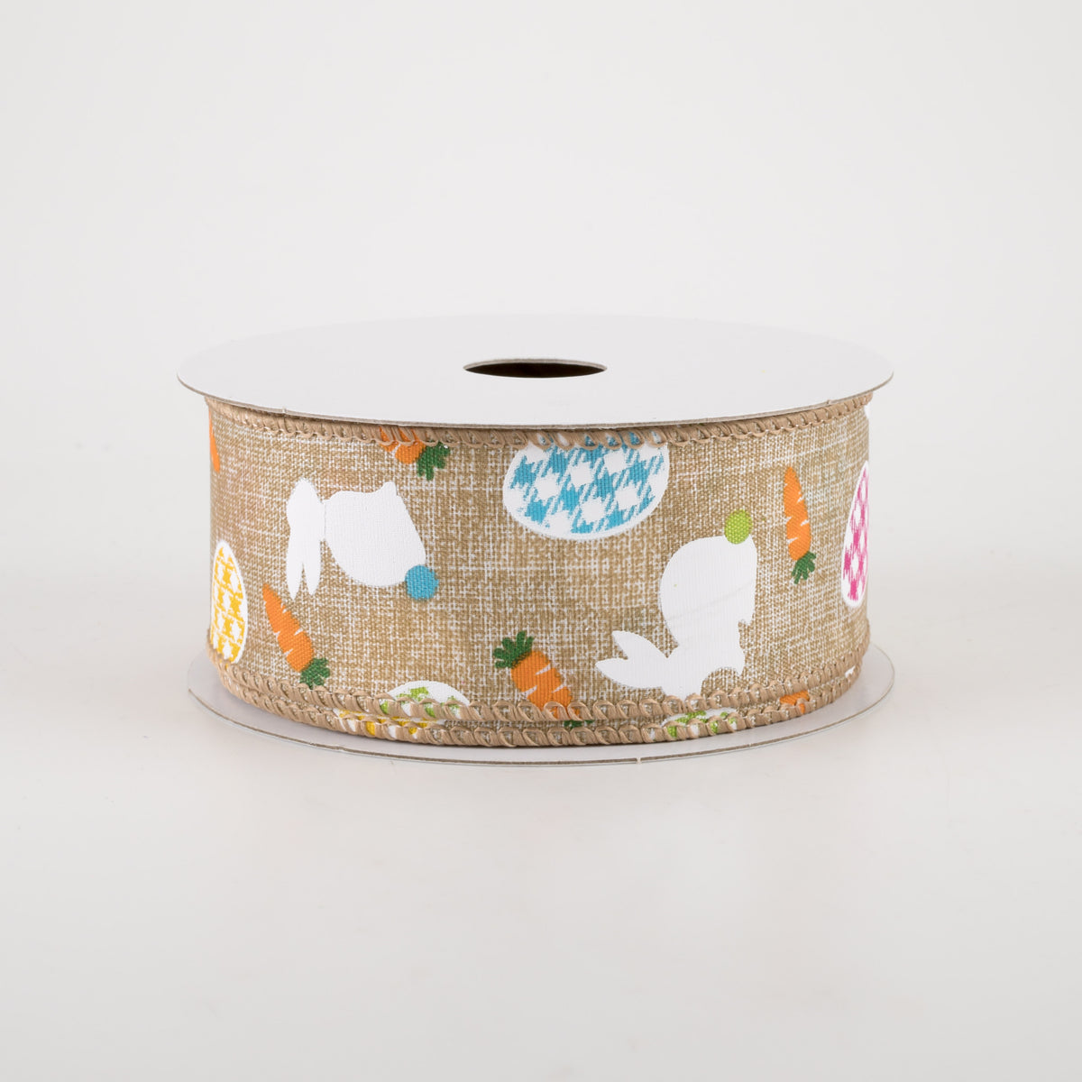1.5" Linen Gingham Eggs and Bunnies Ribbon: Natural (10 Yards) Item Number: 31217-09-14
