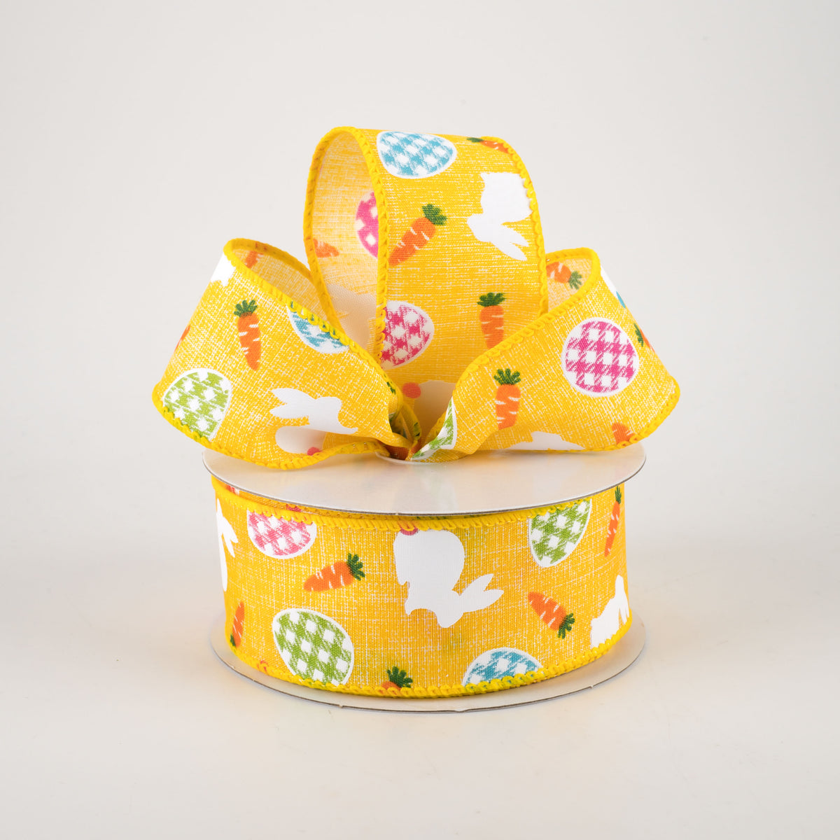 1.5" Linen Gingham Eggs and Bunnies Ribbon: Yellow (10 Yards) Lifestyle Photo