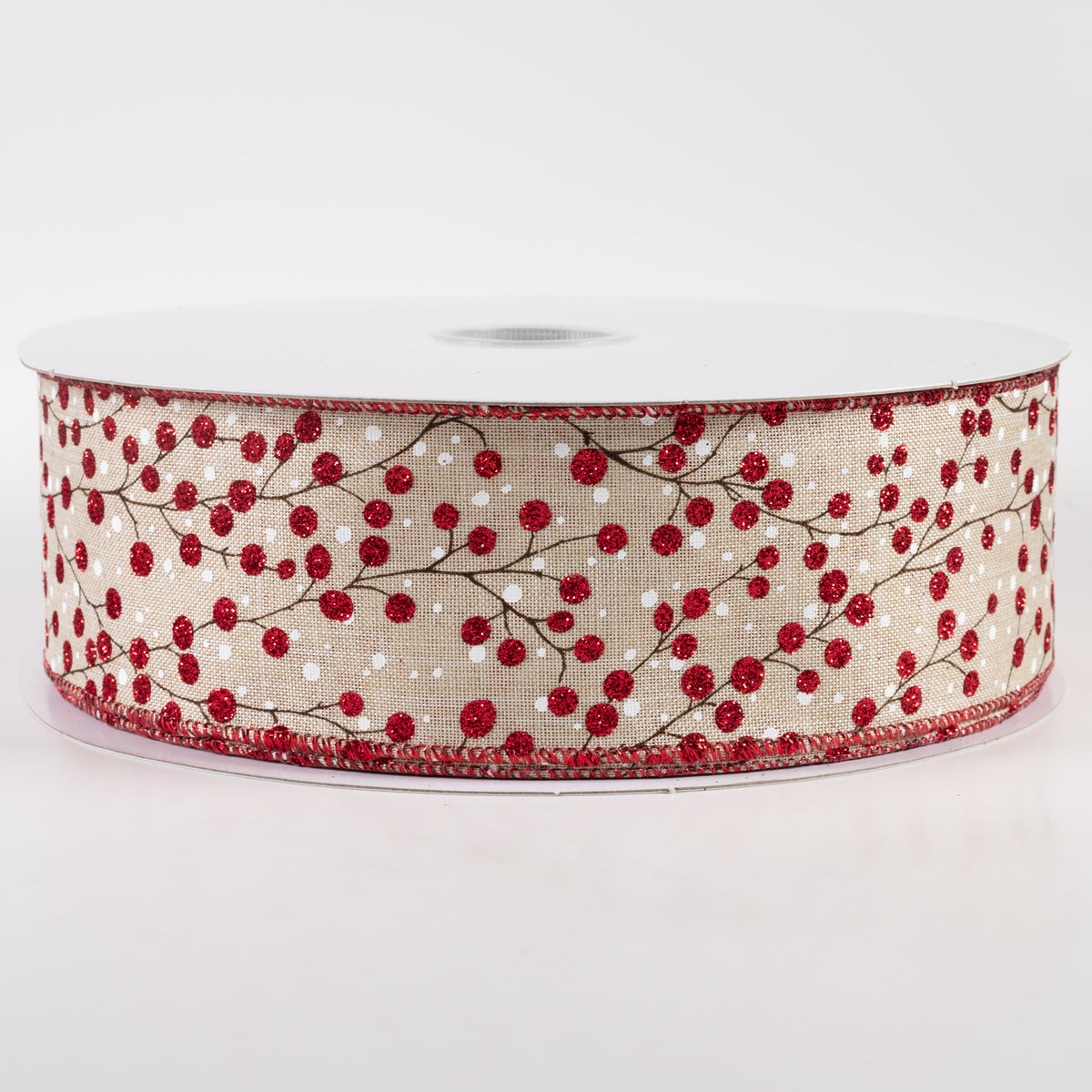 2.5" Linen Glittered Red Berry Branches Ribbon: Natural (50 Yards)